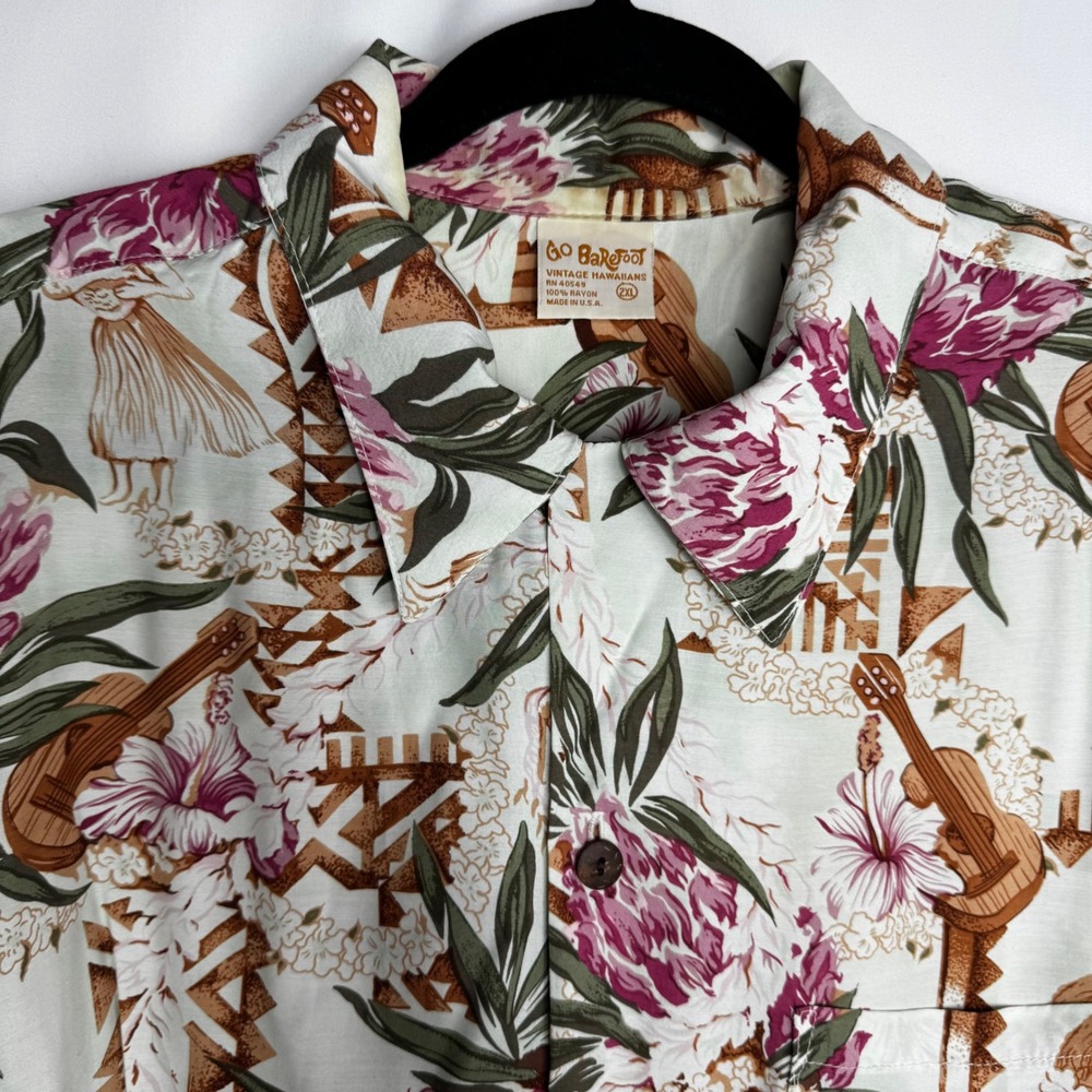 Go Barefoot‎ Vintage Hawaiian Shirt Mens 2XL Floral Ukulele Vacation Made in USA - Picture 5 of 8